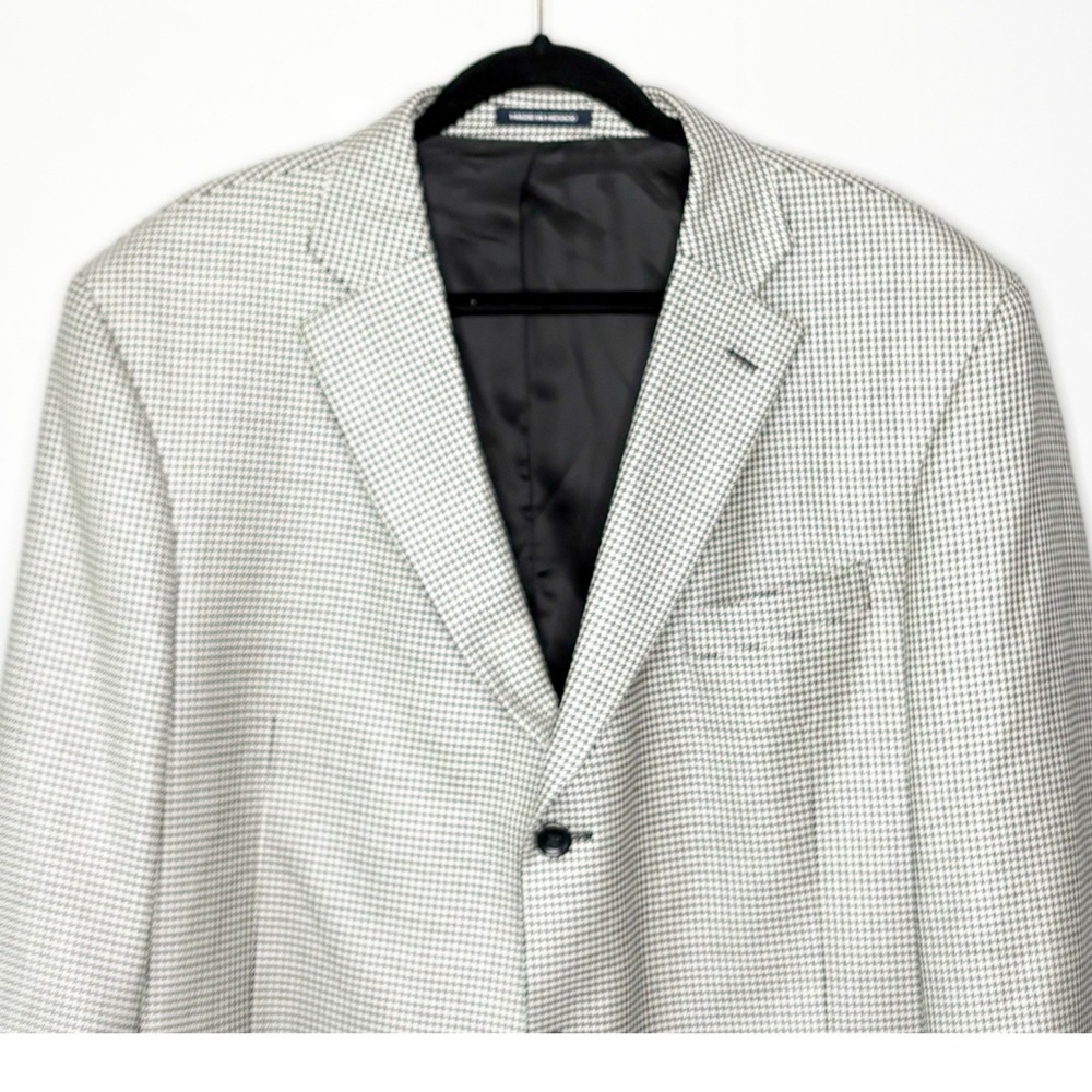 Paul Fredrick Mens 46L Houndstooth 3 Button Blazer Wool Silk Blend Black White - Picture 3 of 8